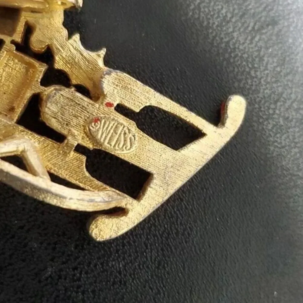 Vintage Weiss holiday sled brooch gold tone red green